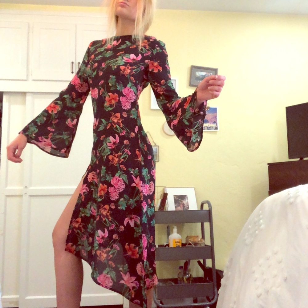 black floral high neck midi dress with slit